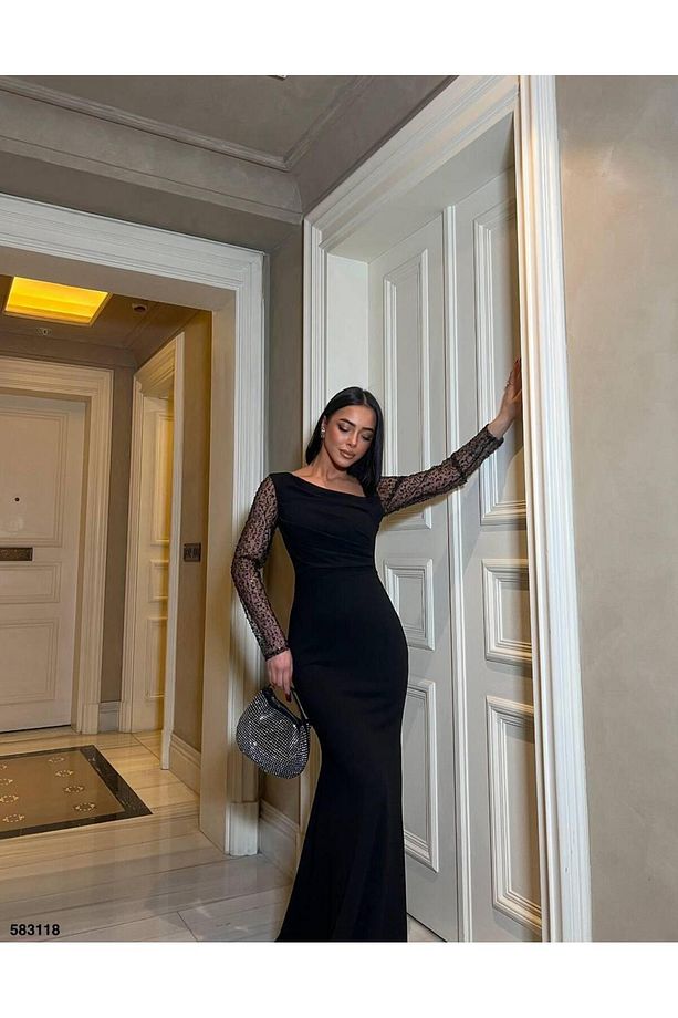 Kadın Siyah Dalgıç Krep Kumaş Kolları Tül Ve Taş Detaylı Önü Drapeli Maxi Boy Abiye Elbise - 3