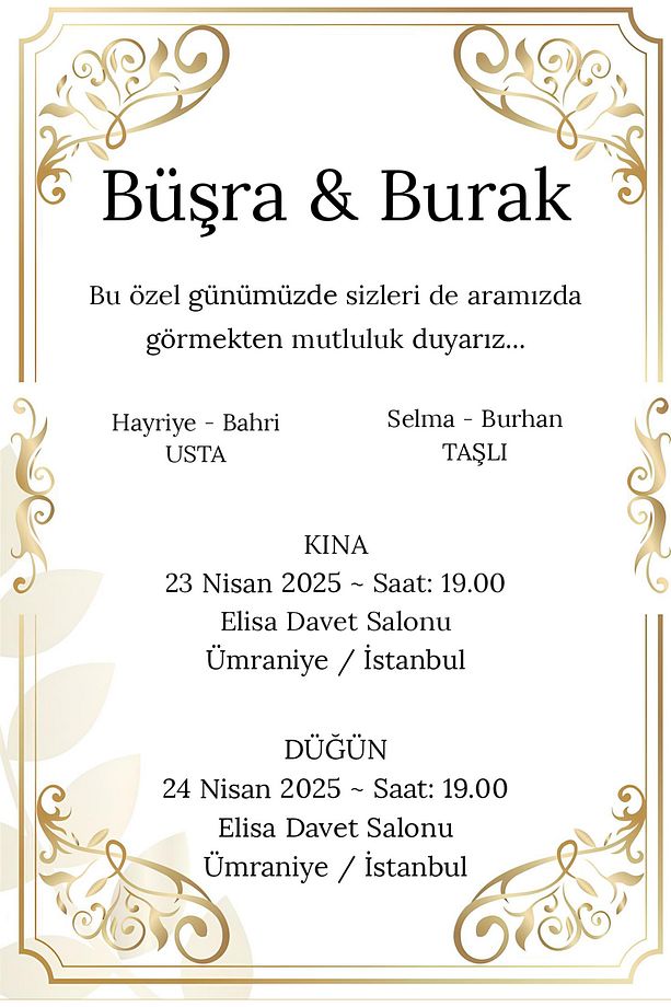 Gold Renk Çerçeve Temalı Davetiye Kartı (50 Adet) (BASKI DAHİL DEĞİLDİR!) - 1