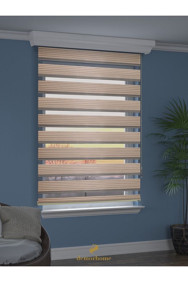 Geniş Pliseli Latte Rengi Zebra Stor Güneşlik Perde Metal Kasa - 1