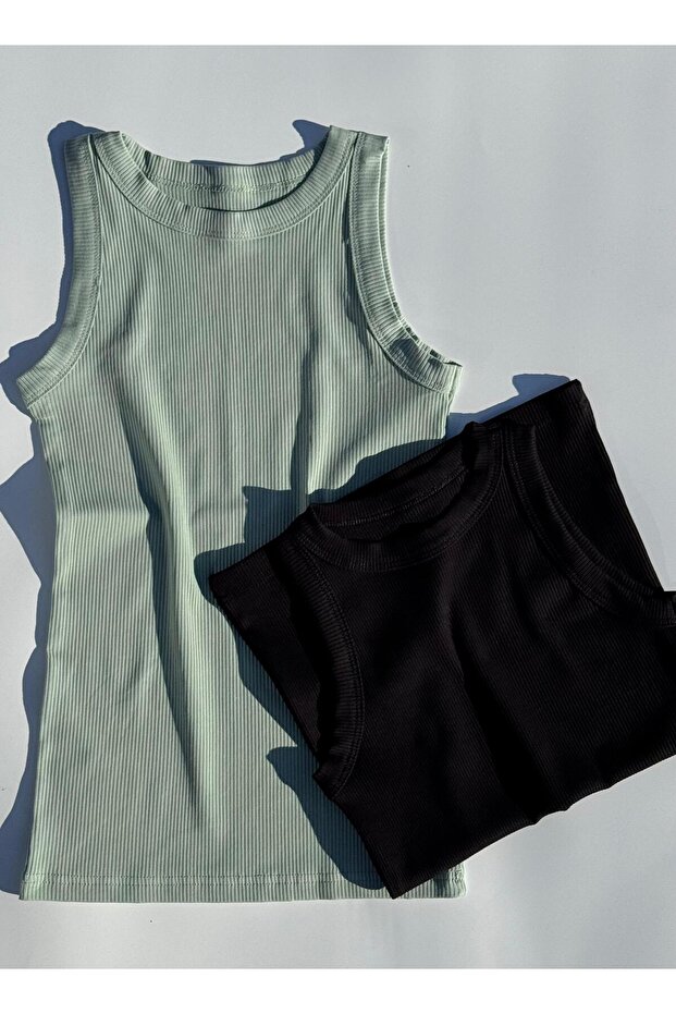 Modern Cut Halter Neck 2-Piece Black and Green, Camisole, Extra Flexible, Cotton Women's Undershirt-Blouse