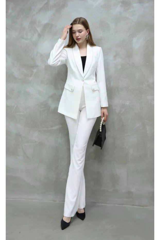Women's Silver Detail Jacket Trousers Set White