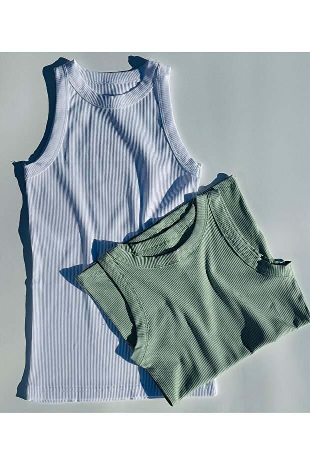 Modern Fit Halter Neck 2-Piece Green and White, Camisole, Extra Stretchy, Cotton Women's Undershirt-Blouse