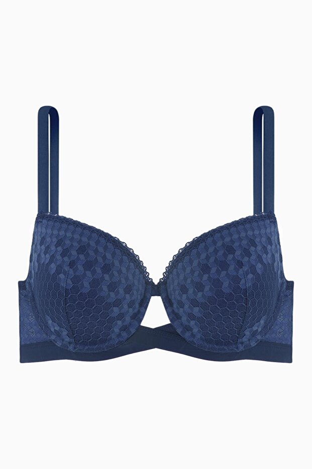 Lace Low-Cut Bra with Cross Rubber Detail - Padded - Fashion - 2511 - Blue