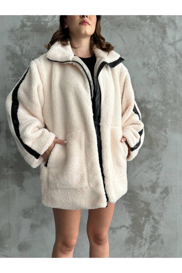 Leather Detailed Lined Plush Coat