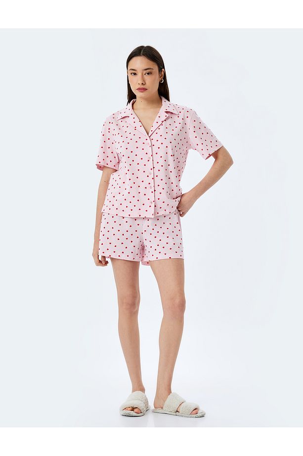 Pamuklu Gömlek Yaka Kalpli Şortlu Pijama Takımı - 3