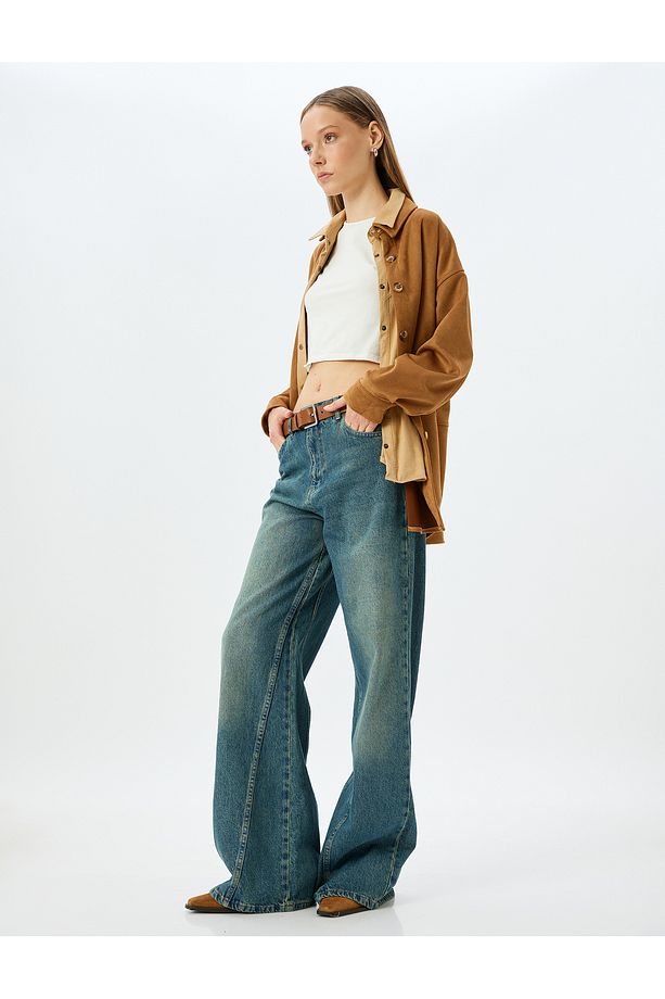 Geniş Paça Yüksek Bel Cep Detaylı Düğmeli Kot Pantolon - Wide Leg Jean - 2