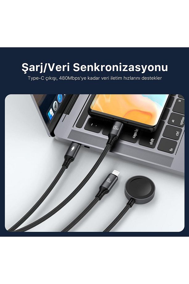 100w Type-c Lightning Ve Apple Watch Için 3’ü 1 Arada Çoklu Şarj Ve Data Kablosu Koyu Gri 1.2 Me - 4