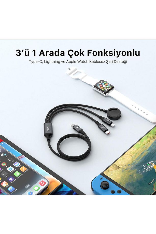 100w Type-c Lightning Ve Apple Watch Için 3’ü 1 Arada Çoklu Şarj Ve Data Kablosu Koyu Gri 1.2 Me - 3
