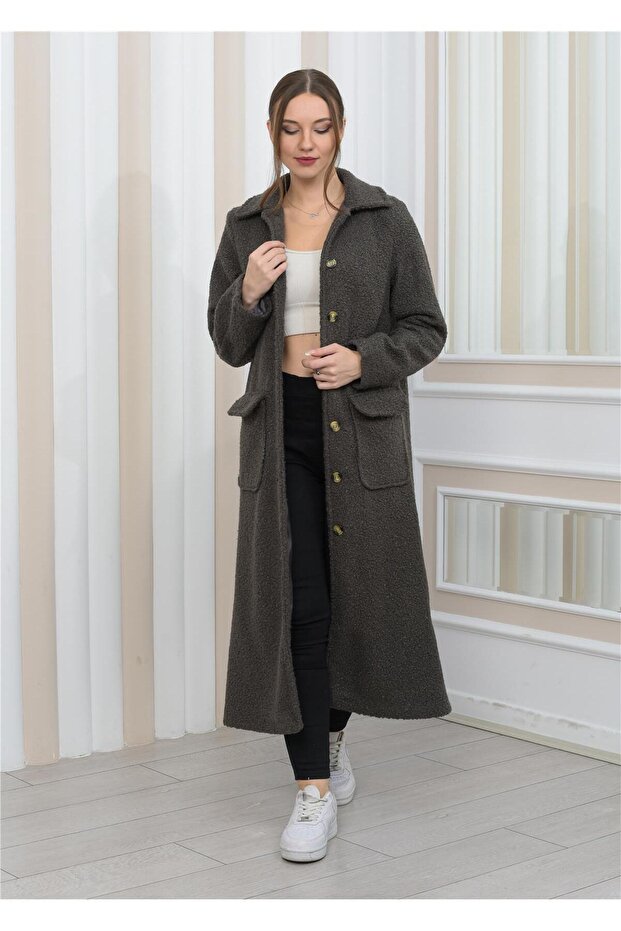 Collared Plush Curly Long Coat Anthracite