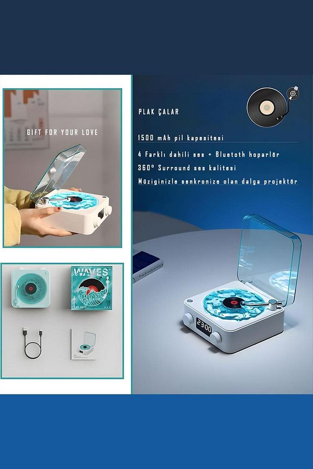 Retro Pikap Plak Çalar Beyaz Gürültü White Noise Hoparlör Şarjlı Kablosuz Projektör Gece Lambası - 4