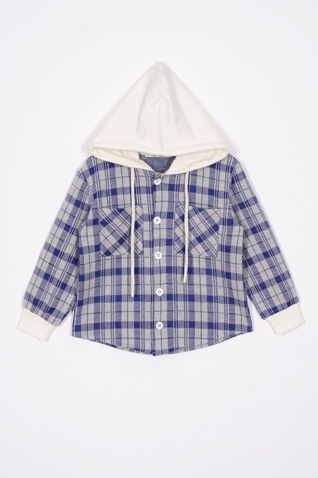 Plaid Patterned Hooded Sax Color Boy's Shirt