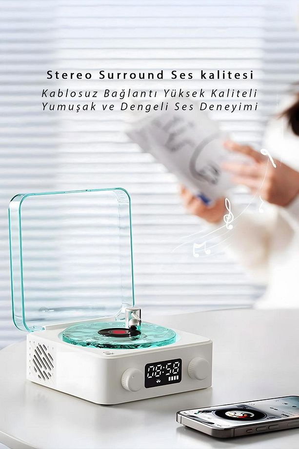 Retro Pikap Plak Çalar Beyaz Gürültü White Noise Hoparlör Şarjlı Kablosuz Projektör Gece Lambası - 3