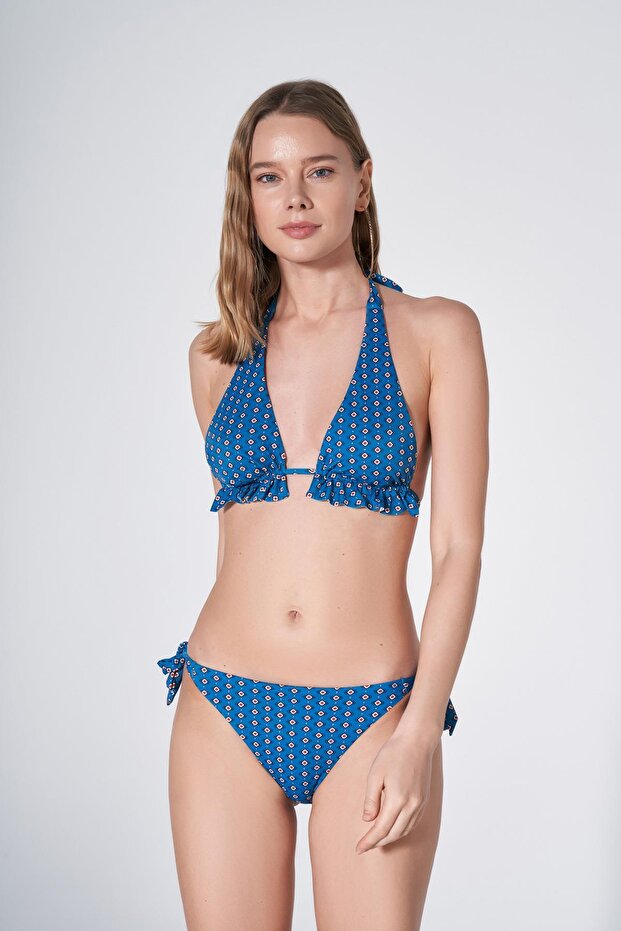 Bron Frill Triangle Cut Bikini Set Patterned Blue - 1
