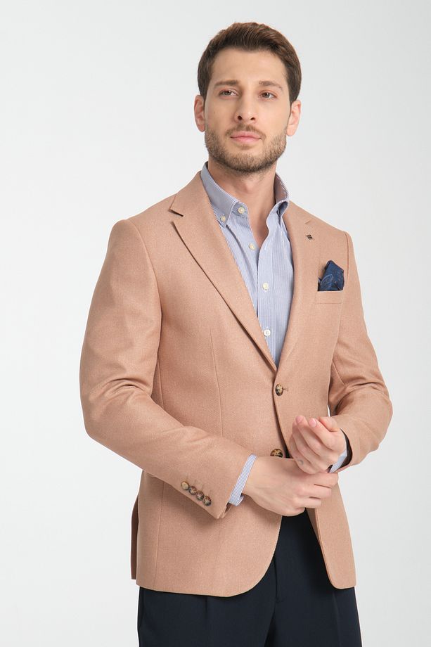 Fevual Erkek Bej Mono Yaka Diagonal Desenli Slim Fit Spor Blazer Ceket - 1