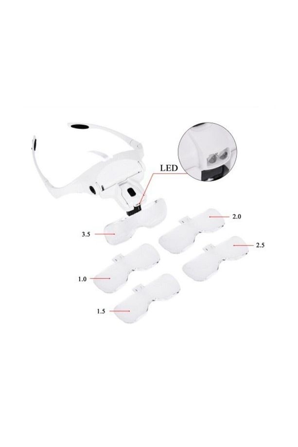 5 Lensli 2 Led Işıklı Ayarlanabilir Loop Gözlük Tipi Büyüteç - 1.0x - 3.5x Zoom - Üstün Kalite - 7