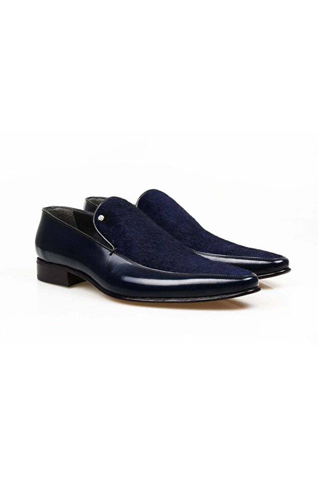 Dark Blue Color Laceless Genuine Leather Men's Shoes