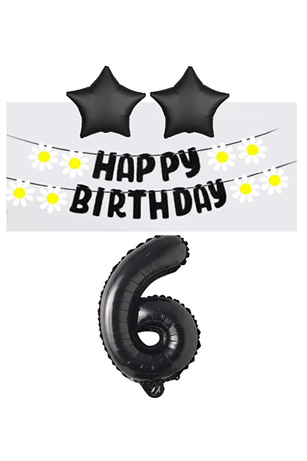 Bal10 Black Number Star Foil Balloon Happy Birthday White Daisy Eva Banner Set Age 6