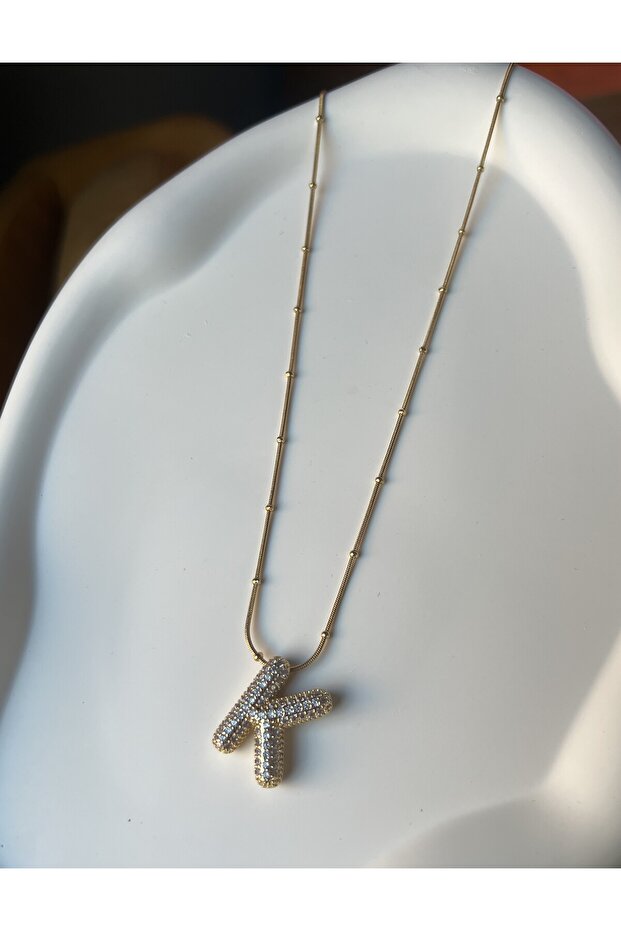 Gold Gold Color Stone K Letter Steel Necklace in Thin Chain