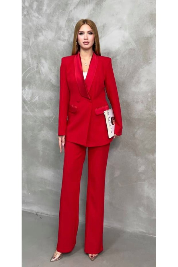 Women's Satin Shawl Collar Classic Blazer Pants Set Red
