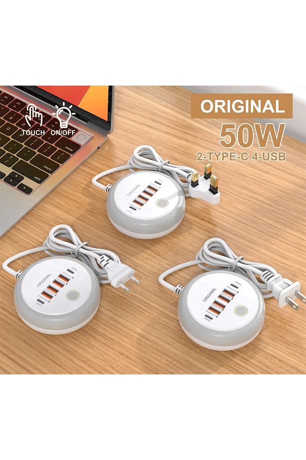 50W Çoklu Port USB-C Hızlı Şarj Adaptörü 4USB + 2Type-C Gece Lambalı iPhone 12 13 Uyumlu - 3