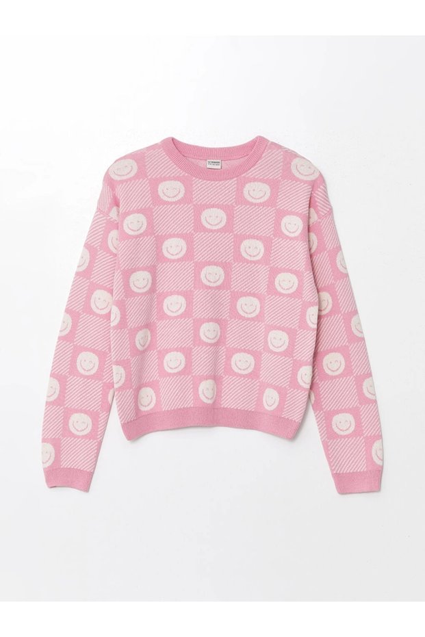 Lcw Kids Pink Crew Neck Patterned Long Sleeve Girls Sweater Sweater