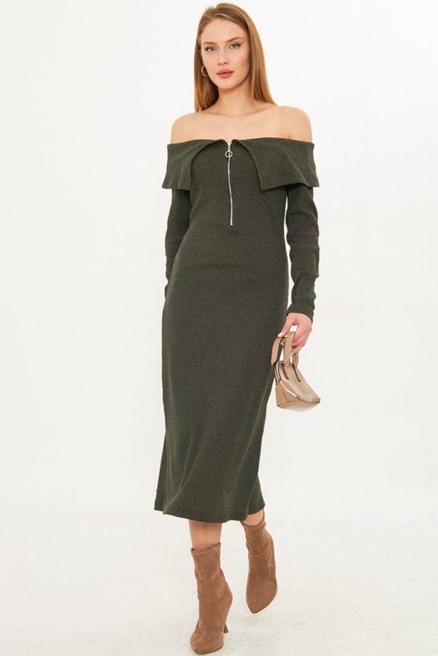 Women's Khaki Off-Shoulder Front Zip Slit Midi Length Knitwear Dress Arm-25K 001089