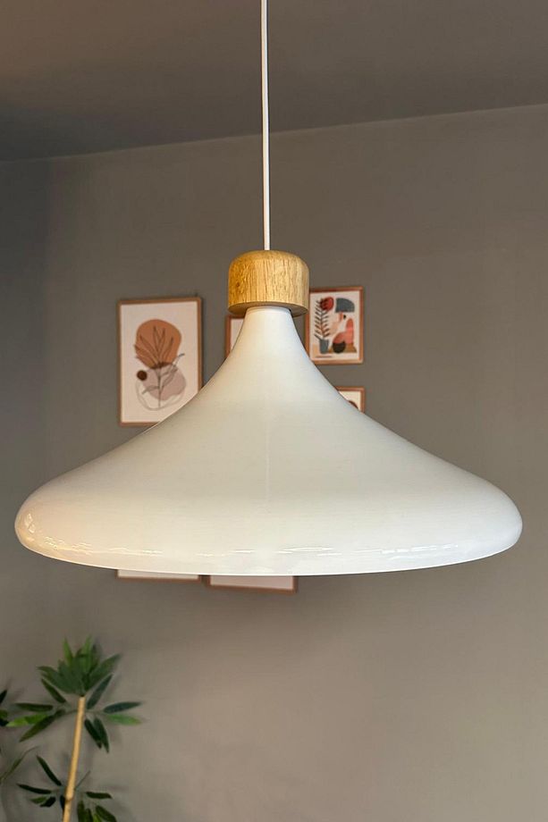 45 Cm Çap XL Beyaz Geniş Ahşap Başlık Avize Tekli Sarkıt Lamba Restoran Salon Mutfak Avize - 5