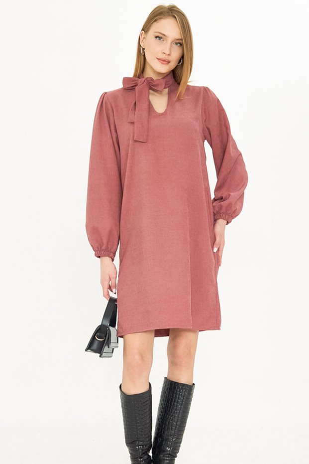 Women's Dusty Rose Collar Tie Elastic Sleeves Velvet Dress Arm-25K 001087