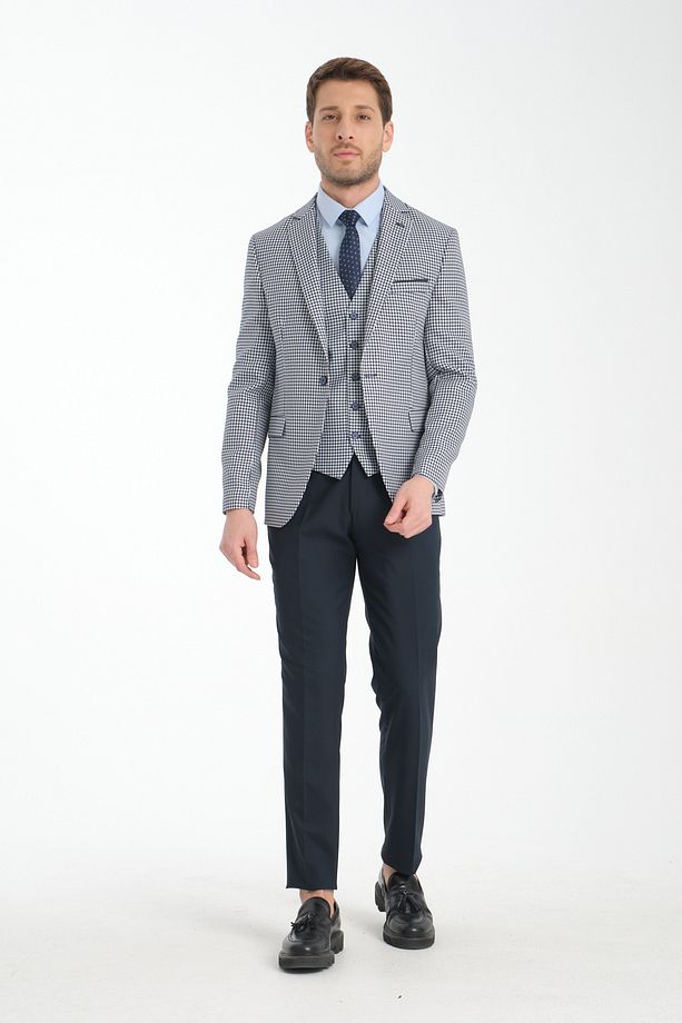 Kazayağı Slim Fit Desenli Mono Yaka Çift Yırtmaçlı Astarlı Takim Elbise - 1