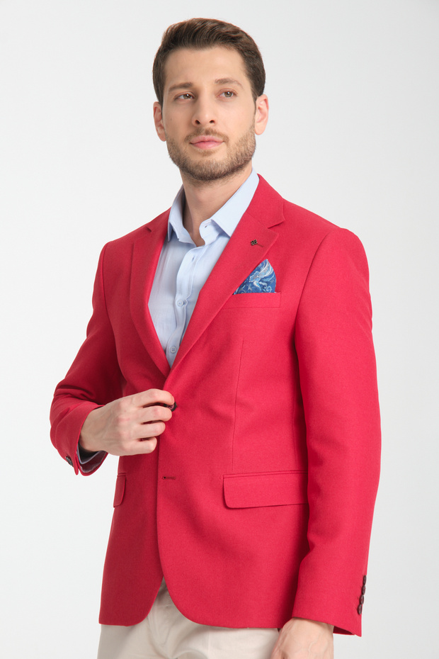 Alfredo Men's Red Mono Neck Linen Print Slim Fit Sports Blazer Jacket