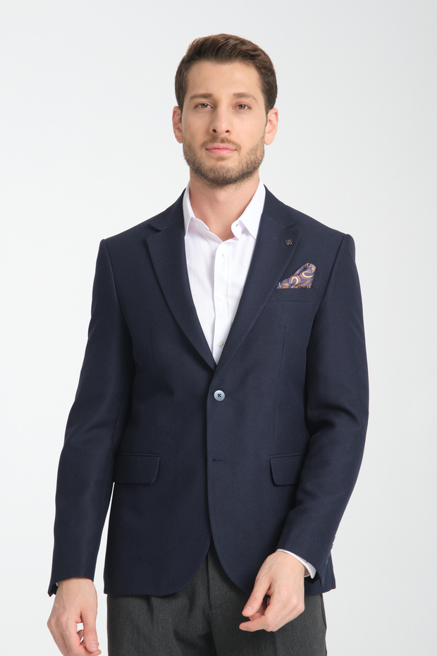 Alfredo Men's Navy Blue Mono Neck Linen Print Slim Fit Sports Blazer Jacket