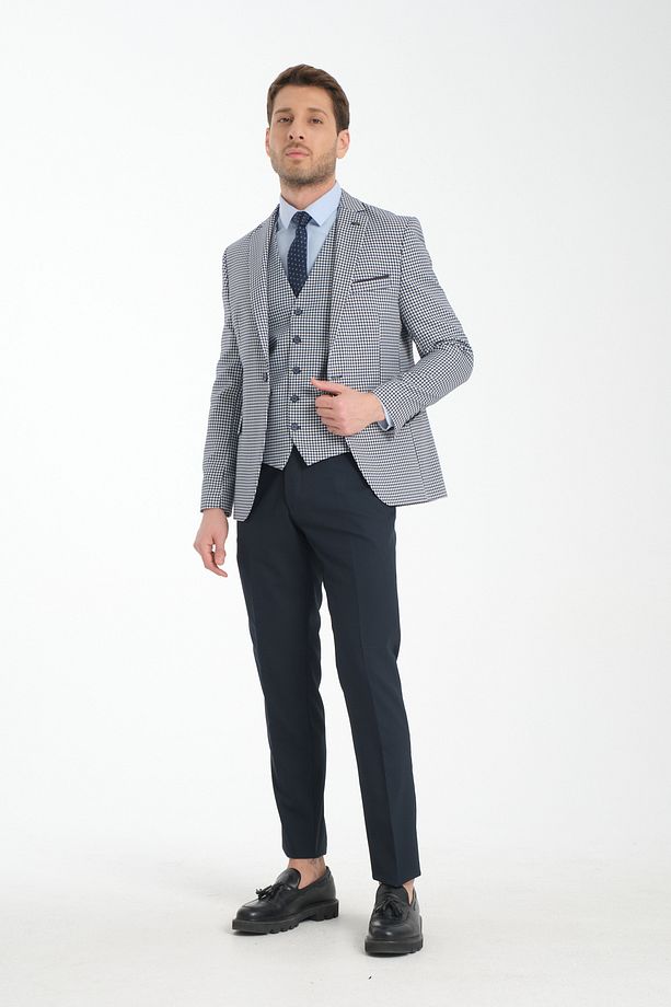 Kazayağı Slim Fit Desenli Mono Yaka Çift Yırtmaçlı Astarlı Takim Elbise - 3