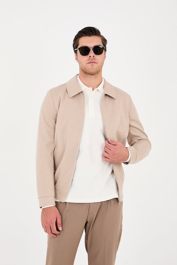 360 Stretching Knitted Men's Zip-Up Standard Fit Polo Neck Jacket Coat
