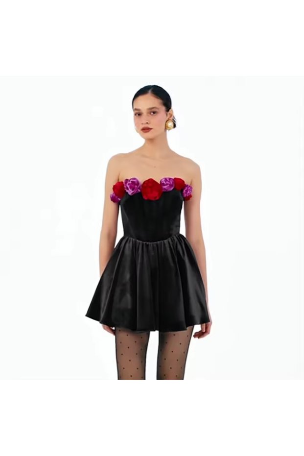 Straplez Mini Dress with Rose Detail