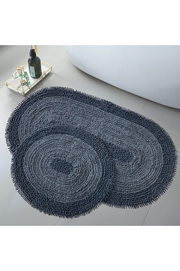 Natural Cotton Spaghetti Oval Anthracite 2-Piece Bath Mat Set Bathroom Rug Toilet Seat Set