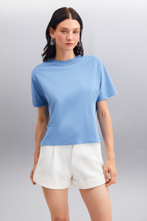 Lottie Women's 100% Organic Cotton Regular Fit Crew Neck Basic Short Sleeve Indigo T-Shirt