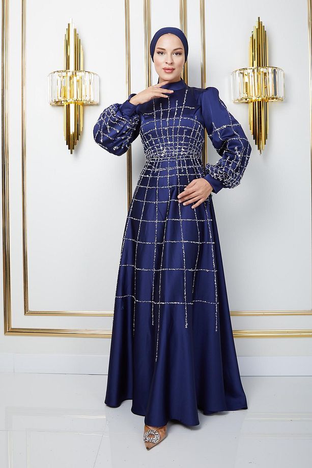 Önü ve Kolları Taş ve Pul Bezeli Kloş Saten Tesettür Abiye Elbise LACİVERT 1675 - 4