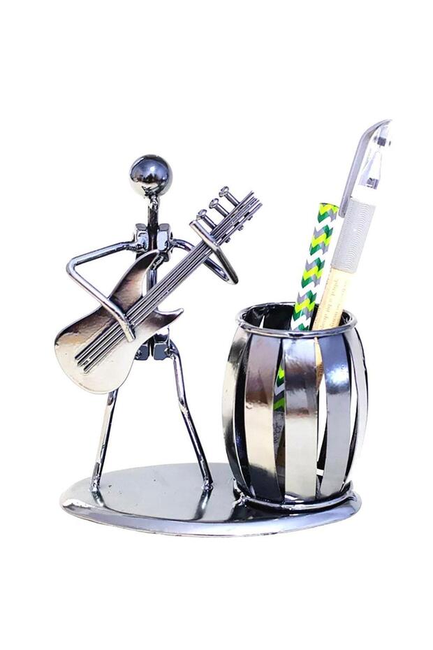 Decorative Bass Guitar Playing Man Metal Pen Holder Table Ornament
