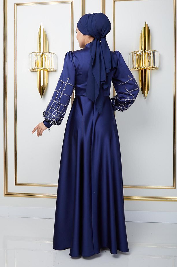 Önü ve Kolları Taş ve Pul Bezeli Kloş Saten Tesettür Abiye Elbise LACİVERT 1675 - 6