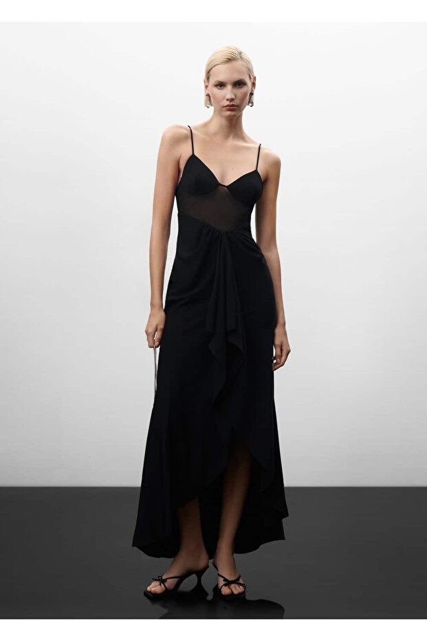 Yarı transparan panelli volanlı elbise - 2