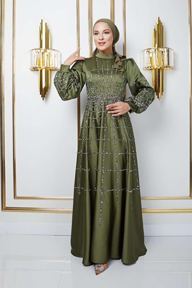 Flared Satin Hijab Evening Dress with Stone and Sequin Embellishments on Front and Sleeves Light Green 1675