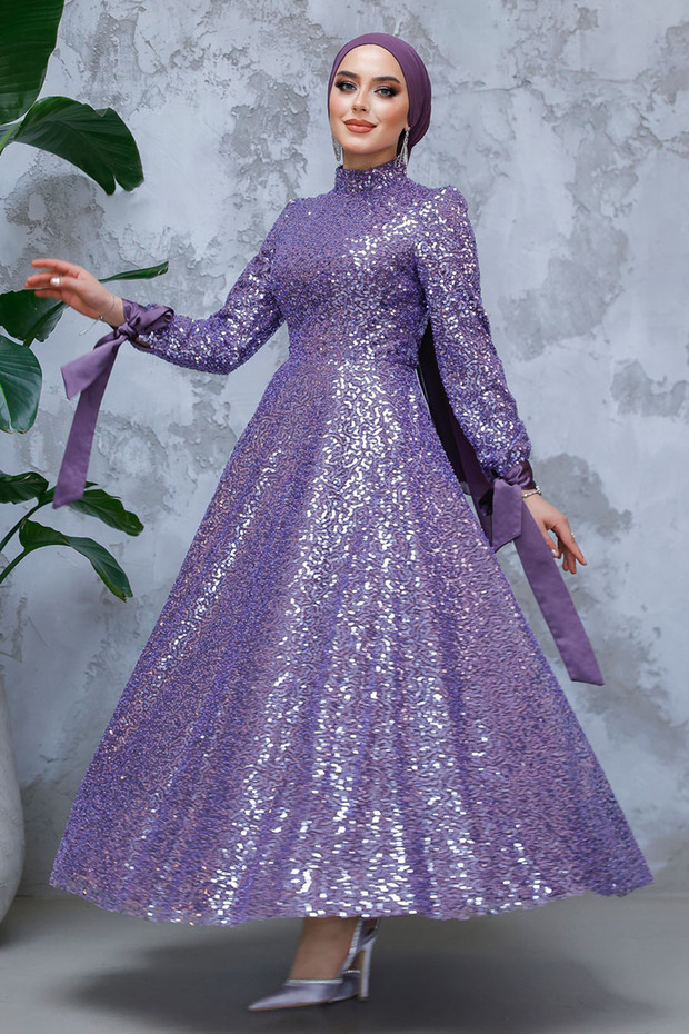 - Sequin Embroidered Lilac Hijab Evening Dress 4713Lila
