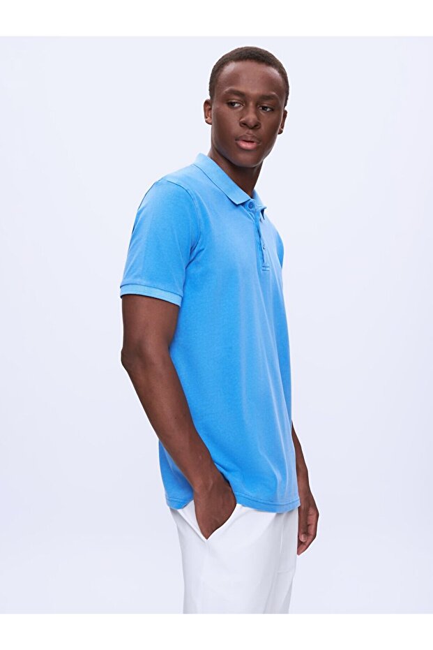 Polo Yaka Basıc Kısa Kol Regular Mavi T-shırt - 4