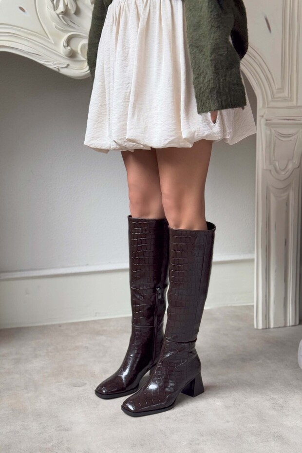 Roger Coffee mintás tompa orrú női vastag sarkú csizma - 5