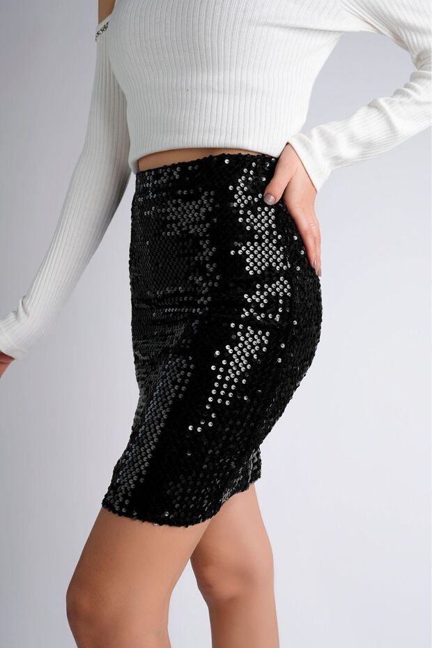 47 Cm Pullu Mini Etek Parti Düğün Gece Mini Etek Siyah - 4