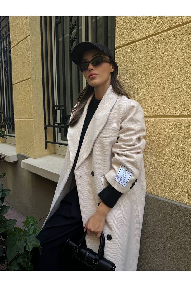 Ekru Oversize Arma Detaylı Balıksırtı Kaban- %78 Yün %22 Pamuk - 1