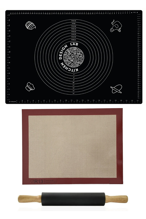 1.Grade Baking Mat Measured Dough Rolling Mat 45 X 65 Cm Black, Rotating Roller, Set of 3