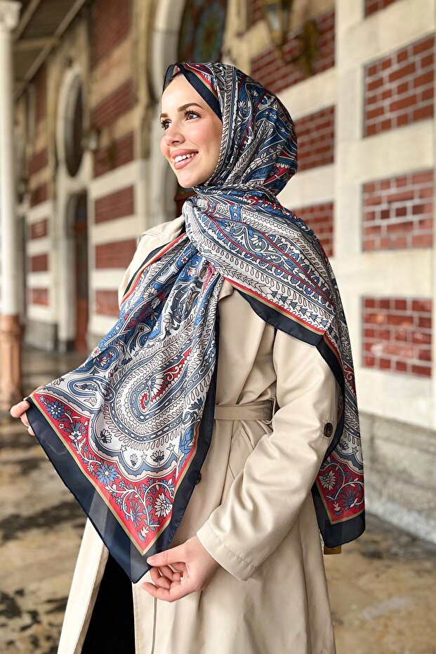 شال حريري - SLT2892-19 - نمط شال - أزرق داكن