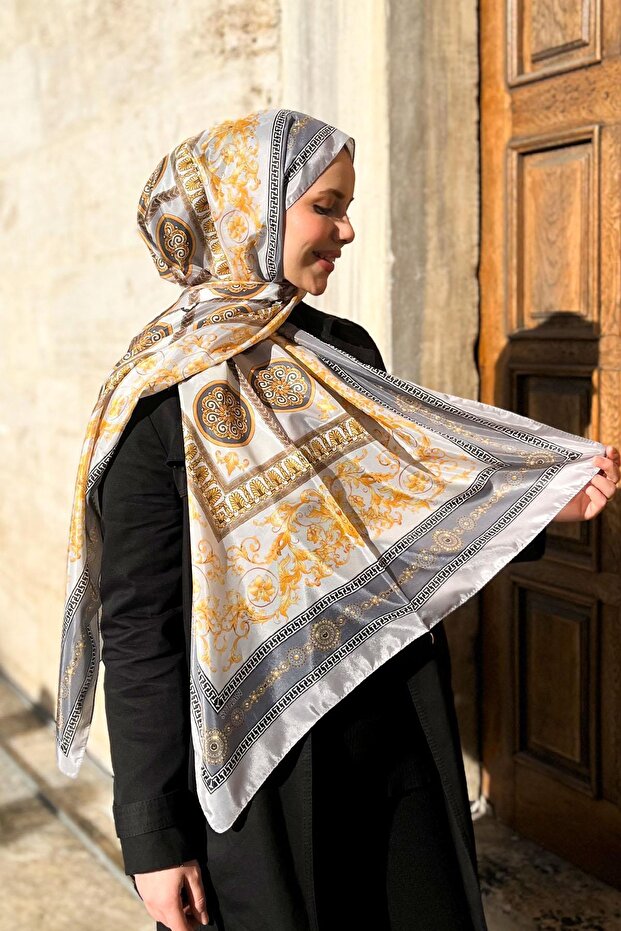 شال حريري - SLT2853-10 - نمط مستورد - رمادي - 1