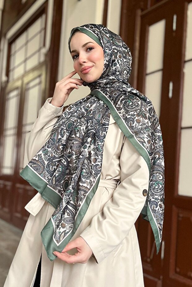 شال قطن ناعم - نمط عرقي - SLT1026-13 - أخضر، رمادي